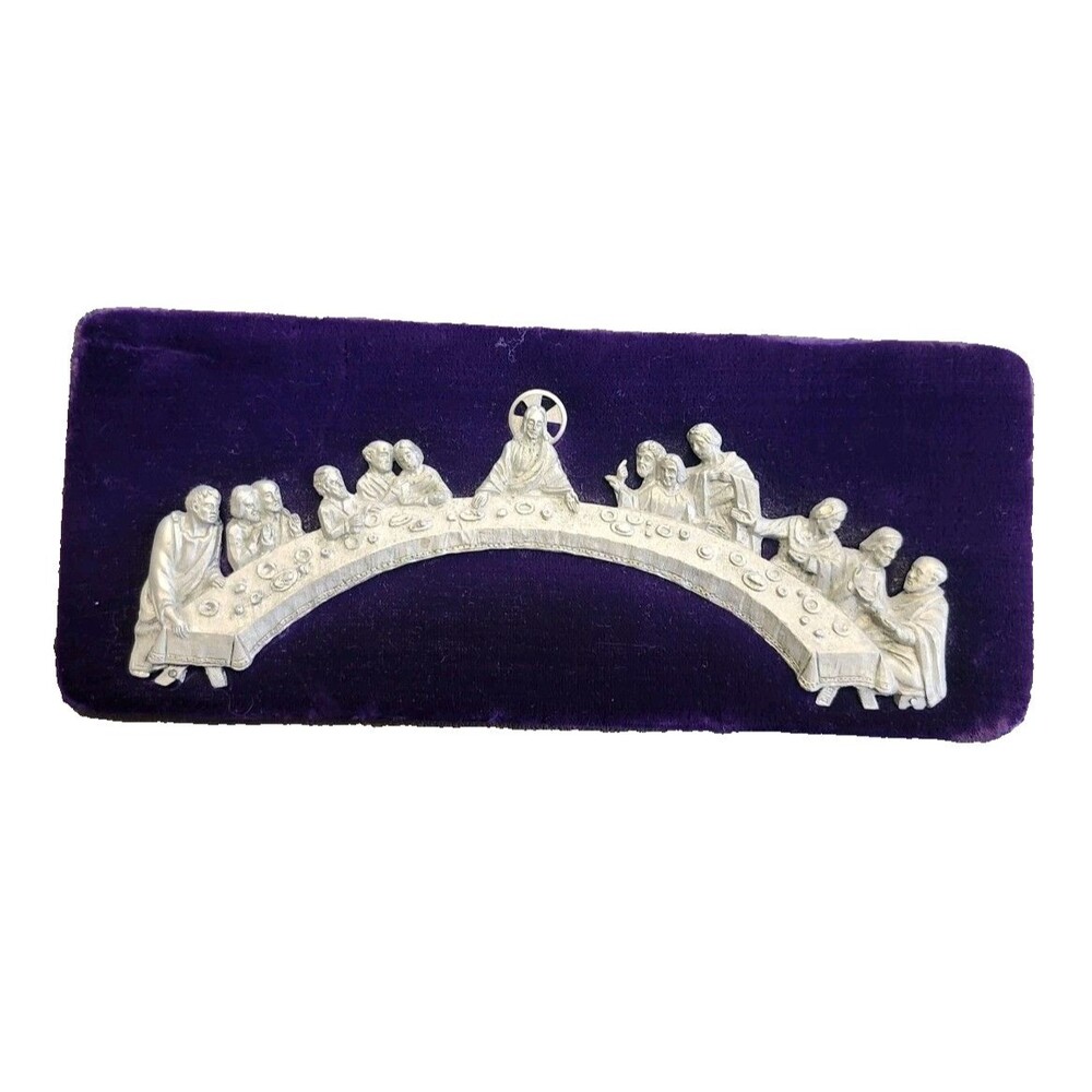 Last Supper Silver Jesus And Disciples Pewter Purple Velvet Plaque 4in × 9in